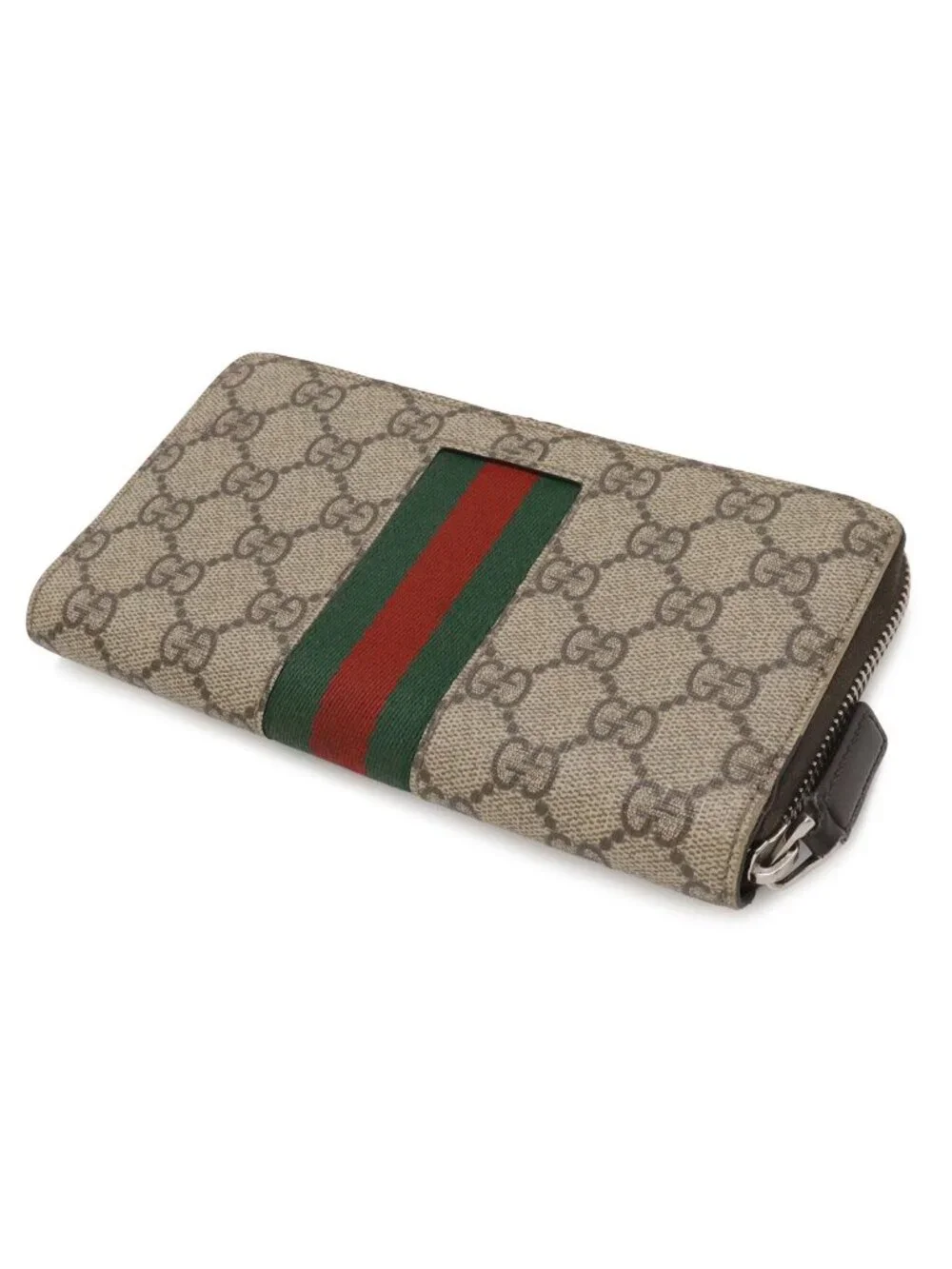 Gucci GG Supreme Sherry Line Web Zip Around Wallet Leather Khaki Beige Dark